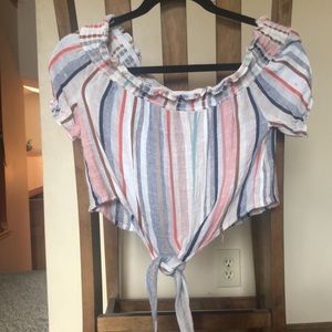 multicolored off the shoulder tie front top